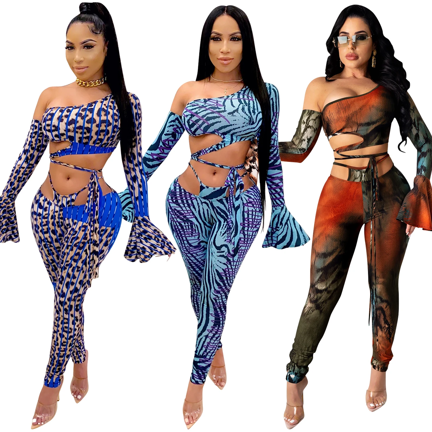 

Lace up Flare Sleeve Girls' Two Piece Set Fall Clothing Sets Print for Women High Waist 2 Piece  Casual OEM Designs, Picture