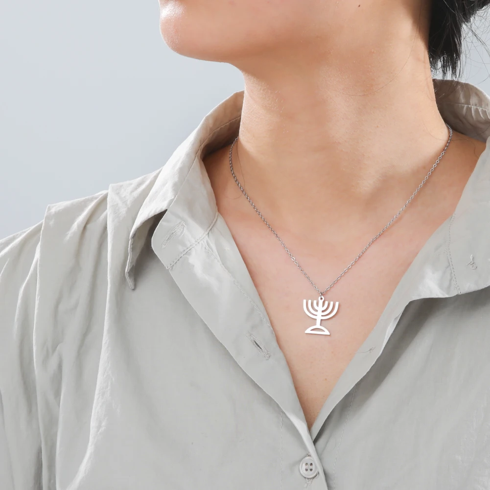 

Myshape Candle Holder Pendant Necklaces Stainless Steel Israel Menorah Necklace For Women Emblem Religious Steel Jewelry 2021, Steel color