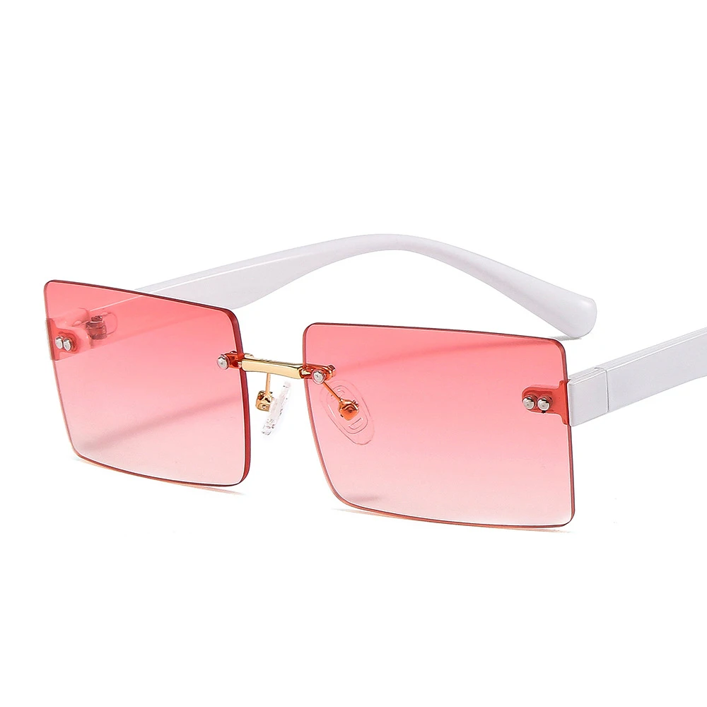 

Popular american women fashionable small square rimless lens pink candy color pc frame sunglasses 2021 newest