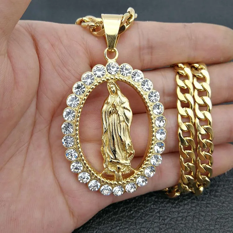 

High Quality European Religious Jewelry Gold Virgin Mary Necklace Pave Crystal Stainless Steel Virgin Mary Pendant Necklace, As is or customized