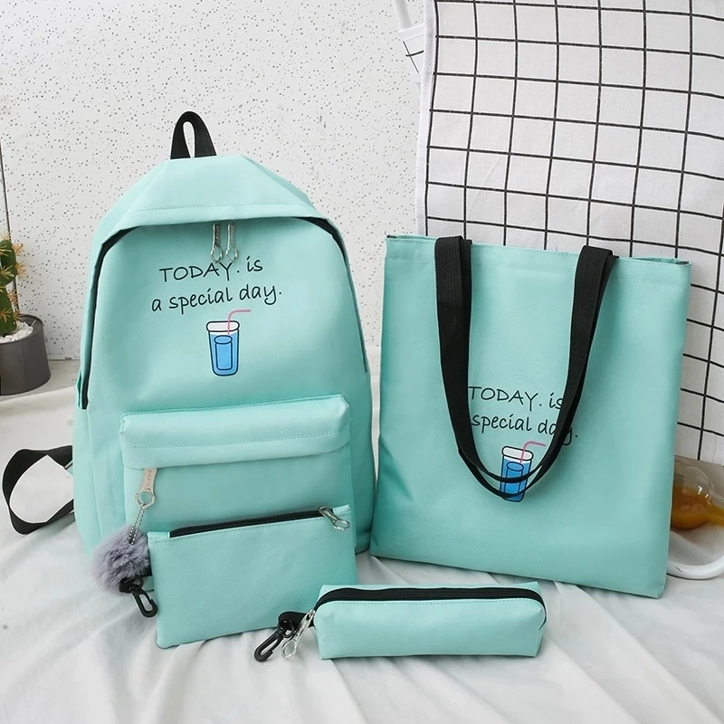 

4 pcs sets canvas Schoolbags For Teenage Girls Female Children Shoulder Bags New Trend Female Backpack Fashion Women Backpack, As picture