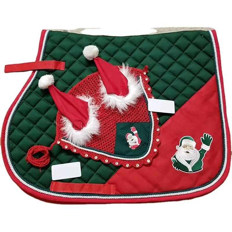 

Horse Christmas Santa Claus Saddle PAD Set Matching Fly Bonnet Ear NET Cotton Hand Made Crochet Fly Veil Hood MASK Equestrian, Custom color