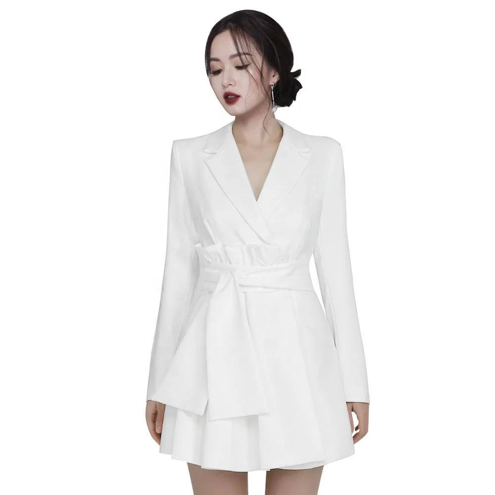 

Spring 2020 Fashion V-neck Slim Wrap Belted A-line Ladies Business Suit Dress Tailored Blazer Dress, Customized color
