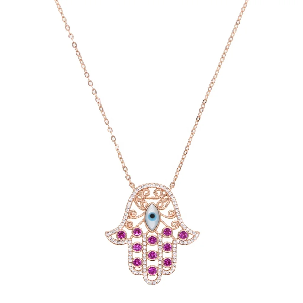 

Best Jewelry Rose Evil eye Fashion hand Necklace Evil Eye Hamsa Charm With purple red cz Adjustable Necklace