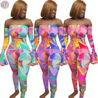 

9091028 casual fashion bell sleeve geometric printed off the shoulder long sleeve trendy bodycon summer jumpsuits for women