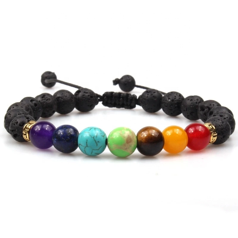 

Lava Rock 7 Chakras Aromatherapy Essential Oil Diffuser Bracelet Braided Rope Yoga Beads Bracelet, As pictures