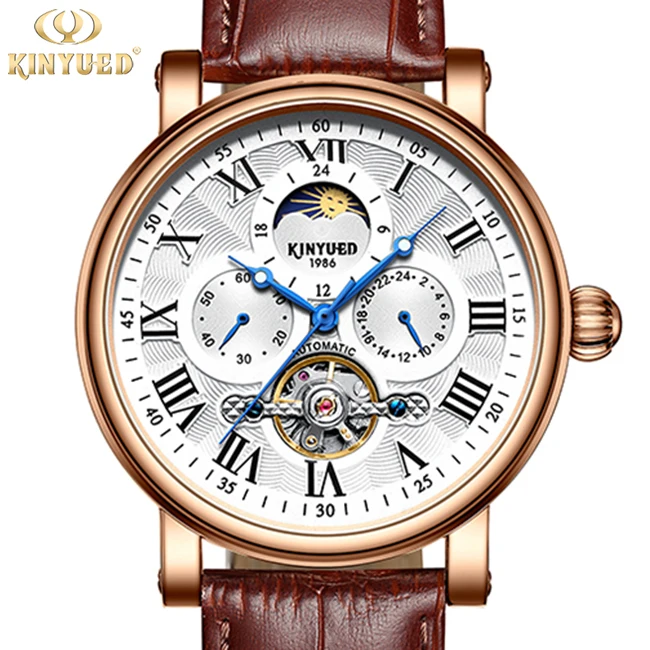 

KINYUED Factory Brand Mechanical Watch Manufacturer Customized Custom LOGO Fashionable Men's Leather Mechanical Watch, 2 colors