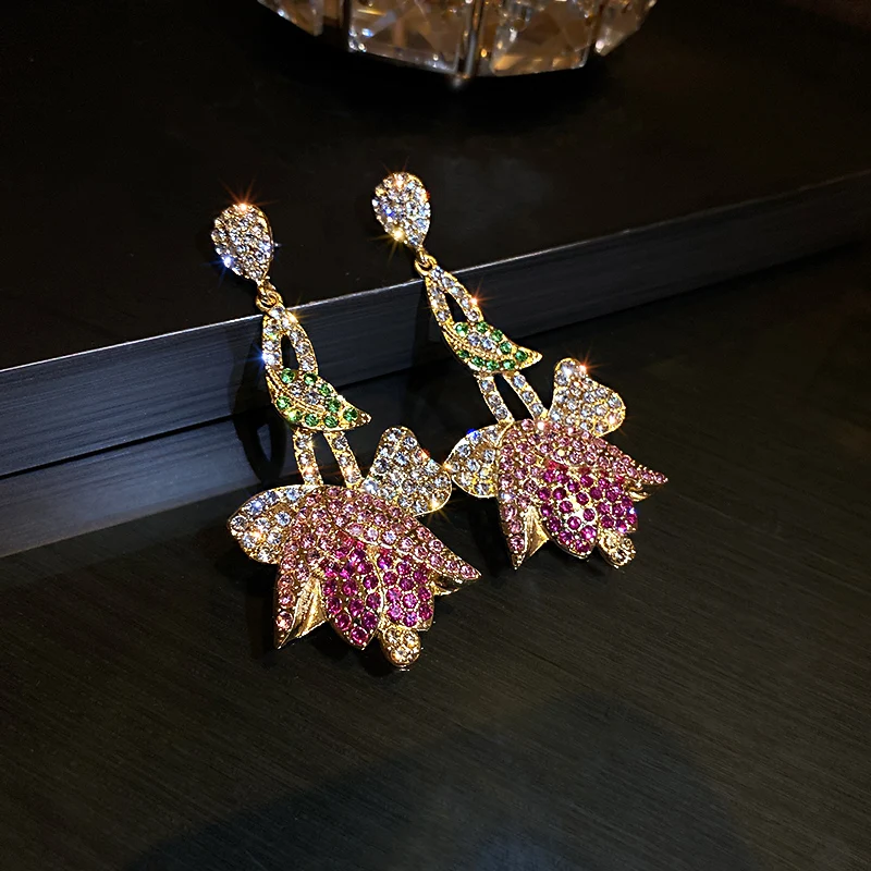 

trendy fashion pink crystal tulip earrings women