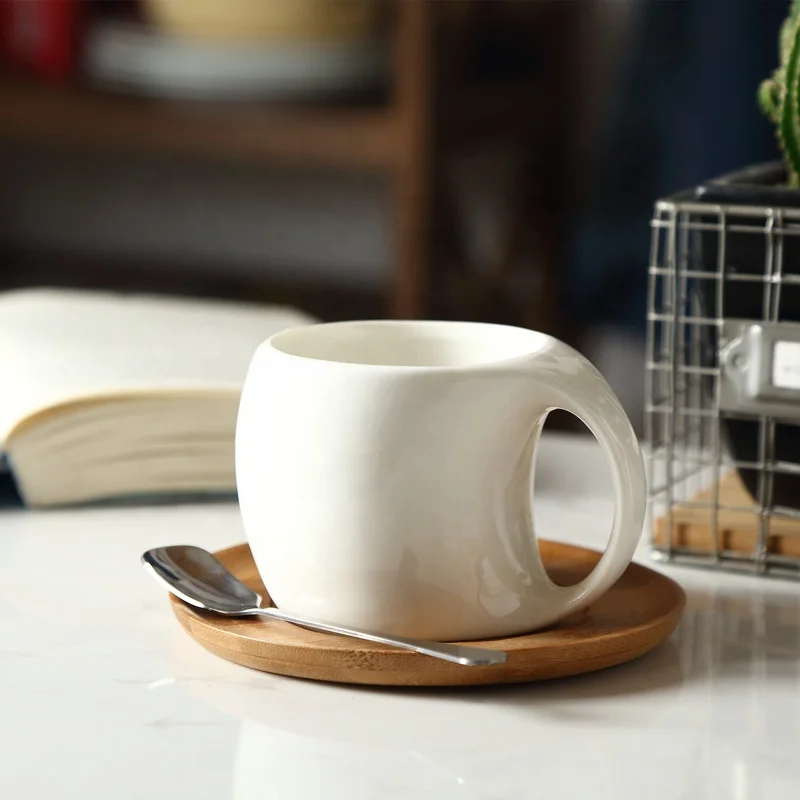 

White Nordic Ceramic Coffee Cup With Bamboo Tray Saucer Handmade Vintage Pottery Coffee Mugs With Plate Tray Set