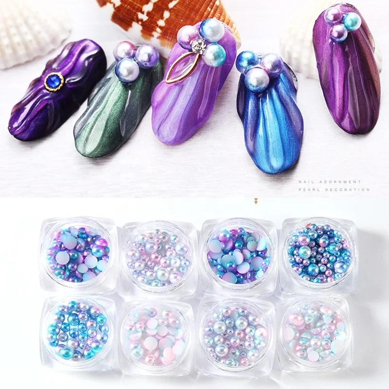 

4 Boxes Nail Jewelry Pearls Flat Back Round Beads Charms Gems Stones For 3D Nails Art Decorations, As shown