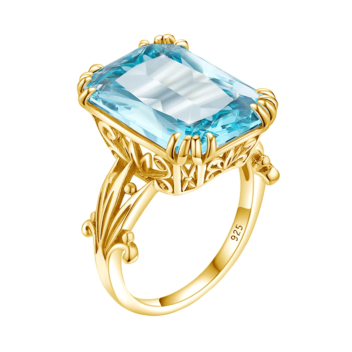 Trendy Luxury 13*18mm Flower Skyrim Aquamarine Emerald Cut Wedding Ring Women's Solid 925 Silver Gold Plated Customized Ring