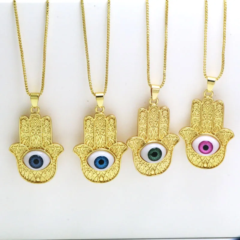 

NM1210 Fashion Gold Plated Rainbow Evil Eyes Hamsa Hand Pendant Chain Necklaces for Women 2021