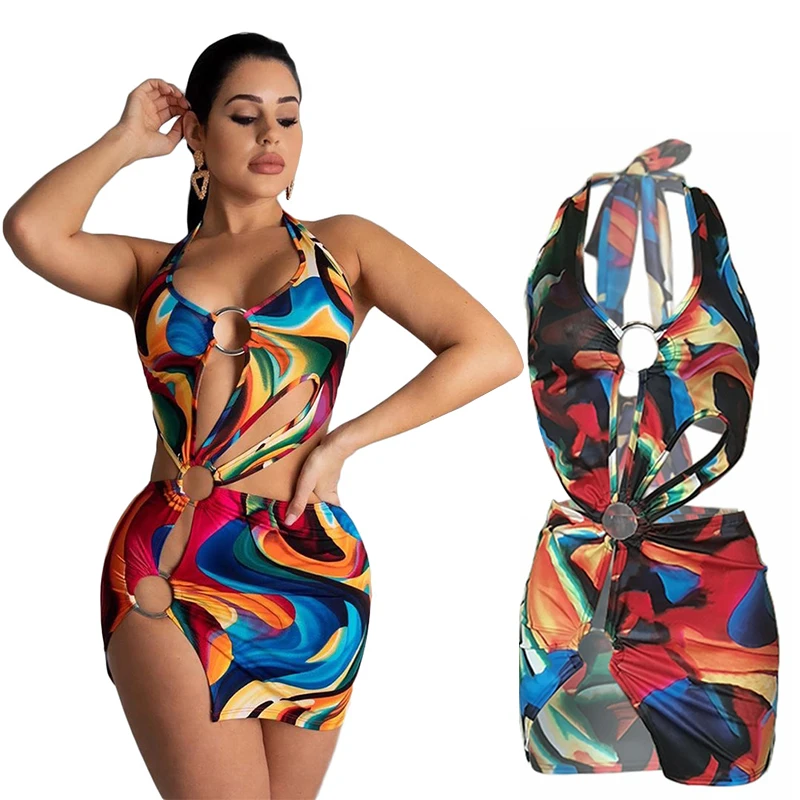 

RTS Amazon new wholesale, women's sexy rainbow printed steel ring dress swimsuit skirt
