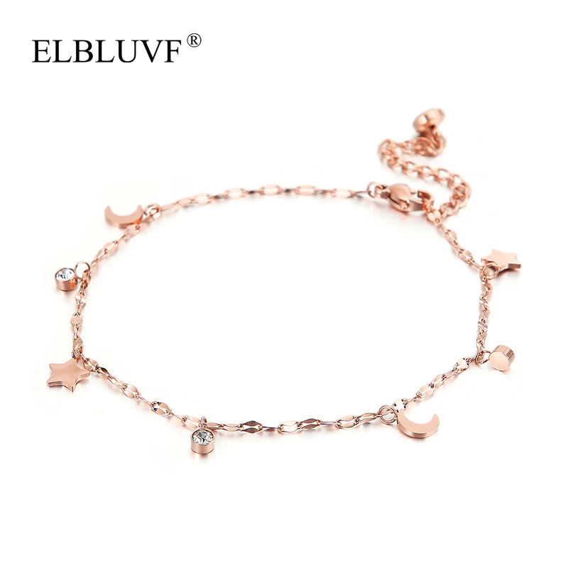 

ELBLUVF Free Shipping Stainless Steel Rose Gold Plated Star And Moon Anklet Zircon Jewelry For Girls/Ladies/Women