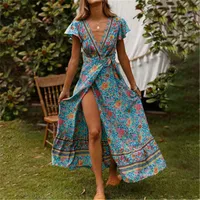 

2020 Women V-neck Lace up Floral Print Long Summer Party Maxi Boho Casual Dresses Beach Vestidos