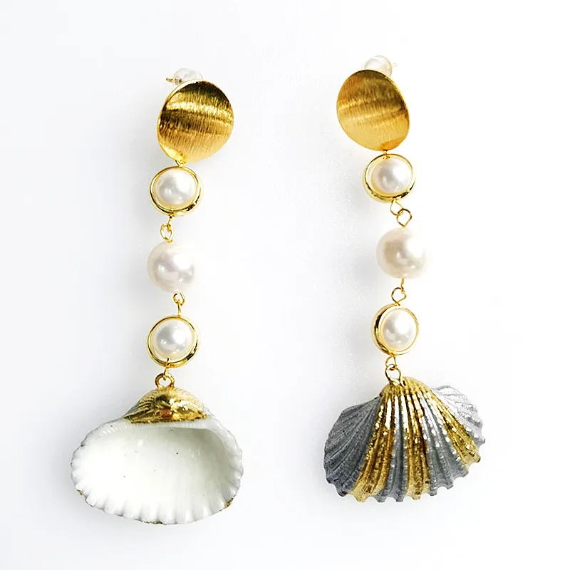 

E232 Good Selling Boho Jewelry White Round pearl and shell studs Pearl Earring