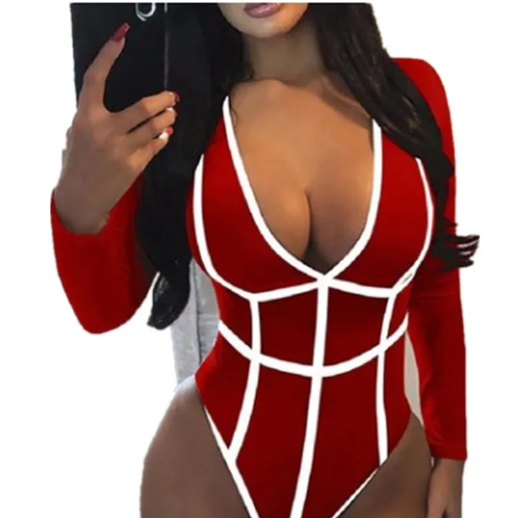 

Hot Women's Deep V-neck Long Sleeve Sexy Triangle Bodysuit Striped Jumpsuit One Piece Digital Printed Women's Jumpsuit, As shown