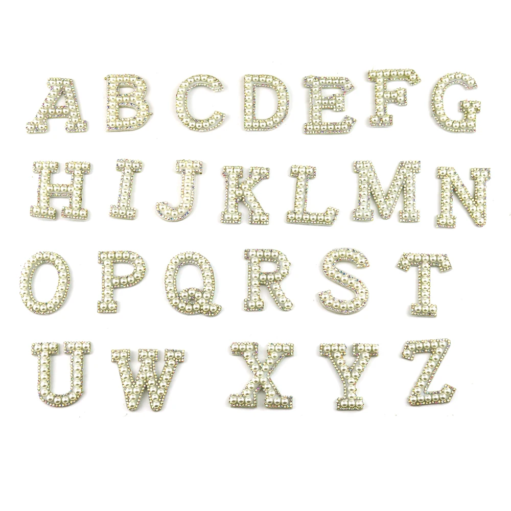 

new design white pearl letter patches handmade rhinestone A-Z alphabet patches for garment clothing embellishment