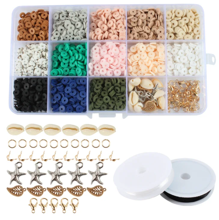 

15girds 6mm Flat Round Polymer Clay Spacer Beads with Pendant Charms Kit Roll Elastic String Soft pottery for DIY making