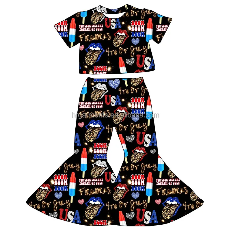 

2 Pcs 4th Of July Printed Spring Kids Short Sleeve Shirts Tops Fashion Bell Bottoms Summer Toddler Girls Clothing Outfits Sets, As picture