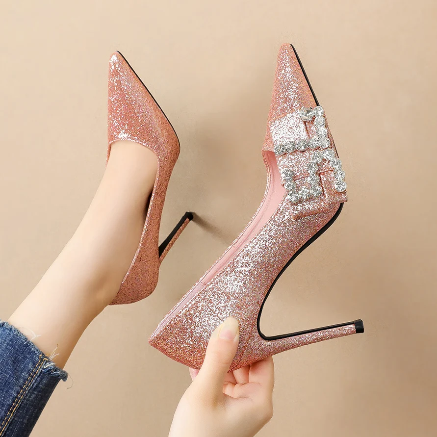 

Hot selling fashion glitter pointed toe thin heels sexy high heel shoes for girls women