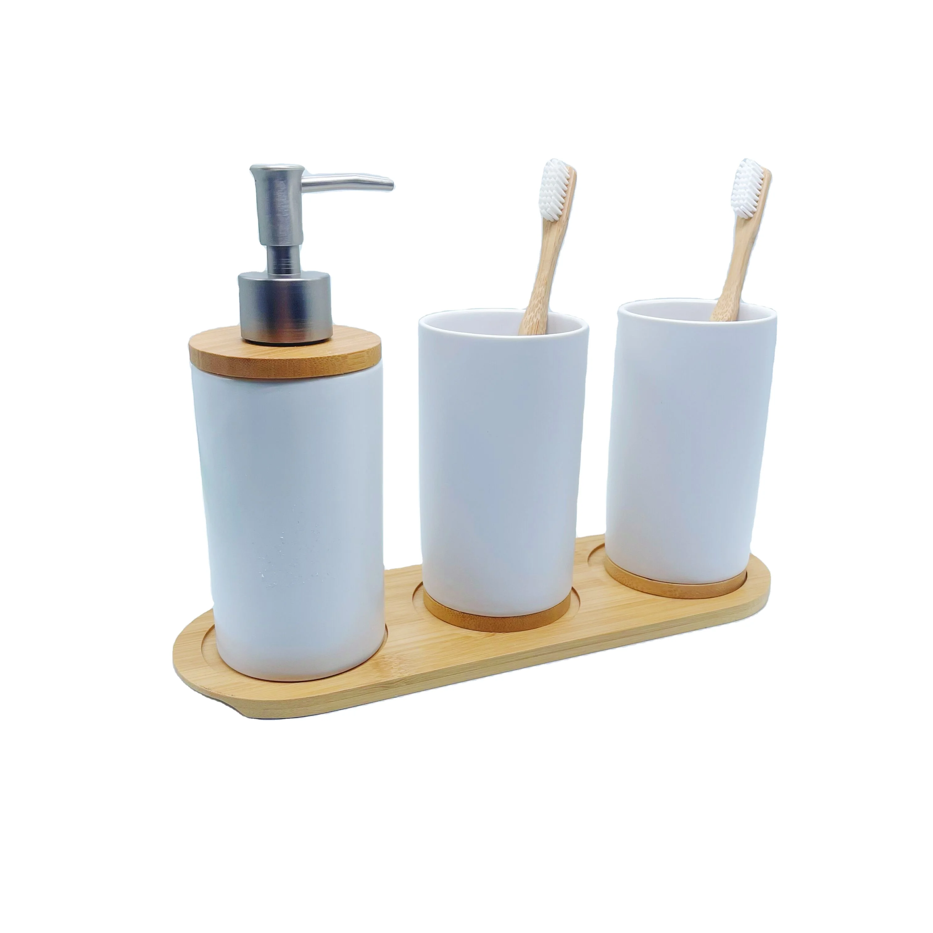 

White Ceramic Cup with Bamboo mat Base Bathroom Set Green Wash Package