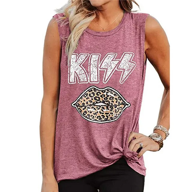 

Summer Women's Tank-top Kiss Leopard Print Lips Letter Print Round Neck Sleeveless T-shirt, Picture showed