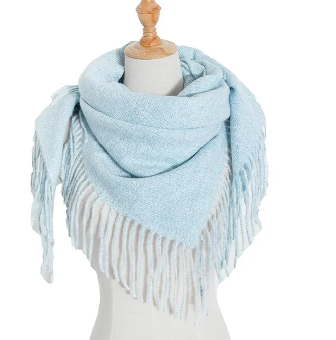 

Free Shipping Women Women Blue Solid Color Tassel Polyester Square Shawl Soft Customize Scarf, Picture