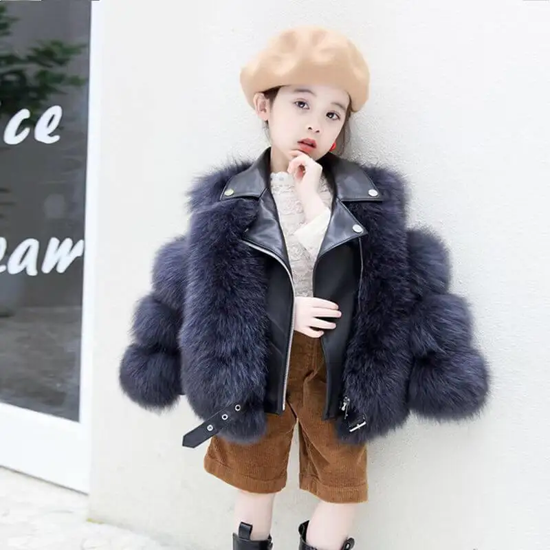 

Kids Winter Leather Fur Coat Furry Motorcycle Overcoat Fluffy Real Fur Kids Coats Girls Fur Jacket, As our color chart or custom