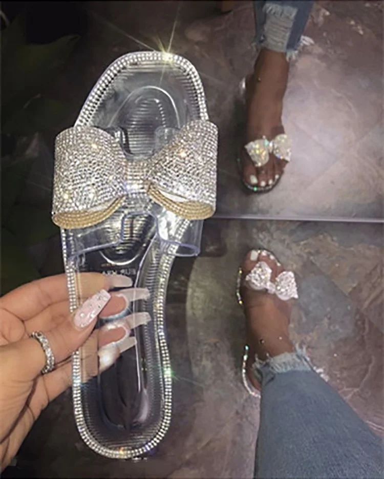 

Women Summer Transparent Slippers Bow Tie Home Flat Slippers Bling Crystal Flip Flops Beach Shoes Women Outside Slippers Girls