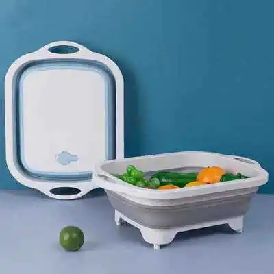 

Kitchen Foldable Cutting Board Portable Vegetable Fruit Cutting Board Draining Vegetable Washing Basin Convenient Sink, Blue, gray