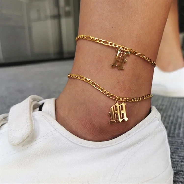 

HOVANCI Custom stainless steel gothic A-Z initial gothic letter 7 gold plated alphabet boho anklet bracelet chain foot jewelry