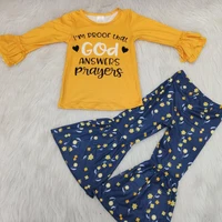 

Wholesale Cute Fall Kids Boutique Ruffle Baby Set Girls Clothing Sets Gold Answers Tshirts Pants Children Outfits RTS