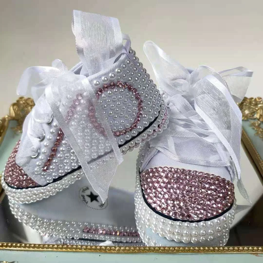 

Bedazzled Infant Baby Rhinestone Crib Shoes White Pearl Yarn Christening Wedding Flower Girl Sneaker Shoes