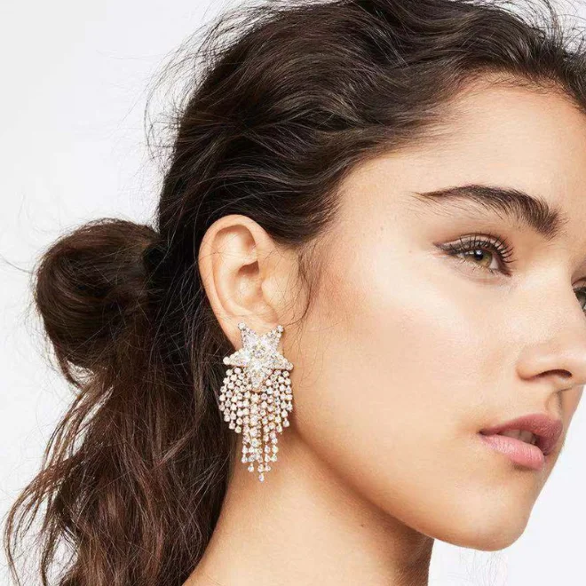 

full crystal heart star rainbow tassel African earrings European f shape long tassel crystal statement wedding bridal earring, Picture