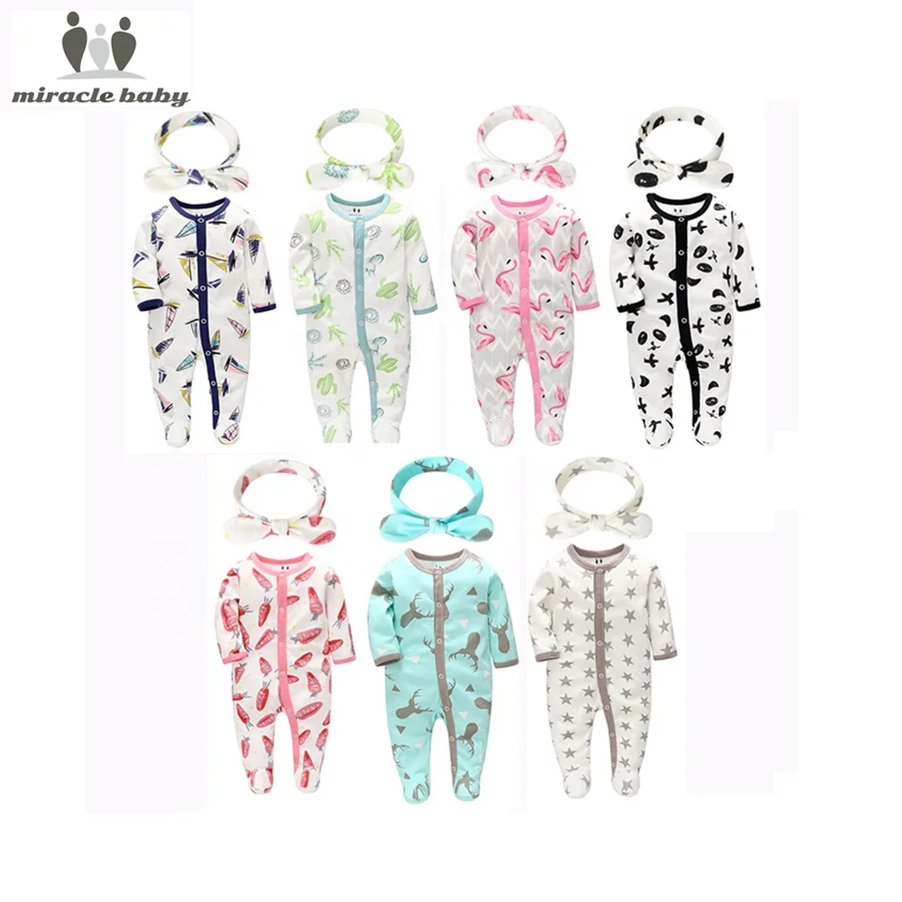 

Wholesale 100% Cotton New Born Baby Rompers Bodysuit Sets with Headband Comfortable Baby Rompers