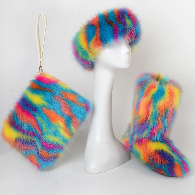 

Custom logo high end fluffy kids faux fur walking shoes multi color winter women girl tall fur boots with headband and bag, Solid color or multi colors,any colors as your requirement