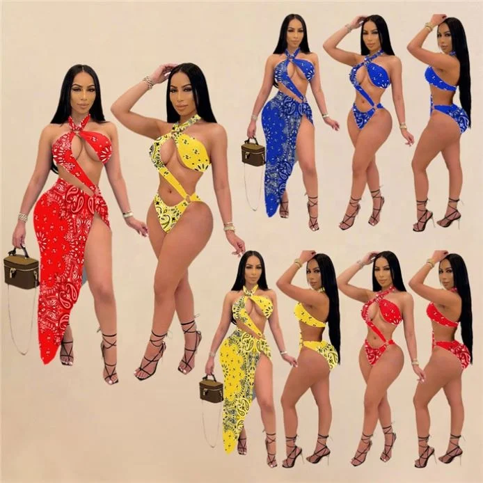 

2021 summer bikini printed halter hollow out one-piece swimsuit 2 piece set women
