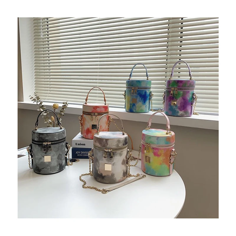 

Women Handbags Retro Ink Printed Hand Bag Vintage Small Bucket Purse And Handbags Female Luxury Dying Shoulder Bag Lady Totes