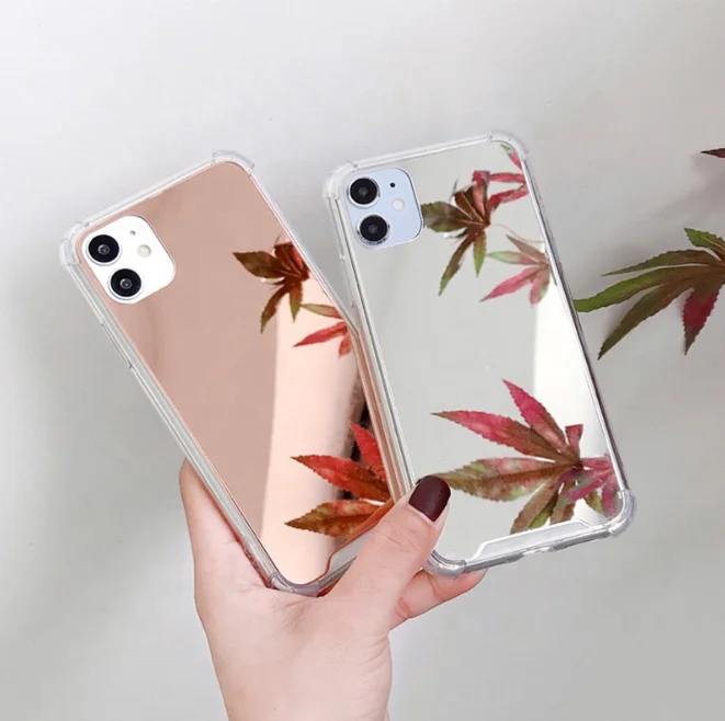 

Luxury Design Mirror Back Cover Four Corners Protective Anti-Shock Cell Phone Case For iPhone 11 12, Gold/sliver