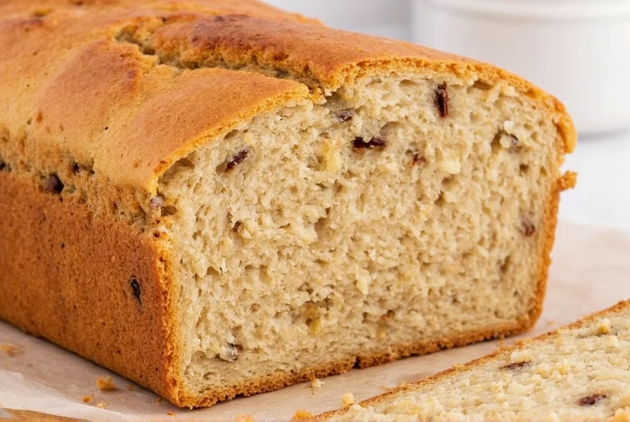 Perfectly formed cinnamon raisin bread loaf with golden crust and visible raisins, sliced to show moist interior crumb structure