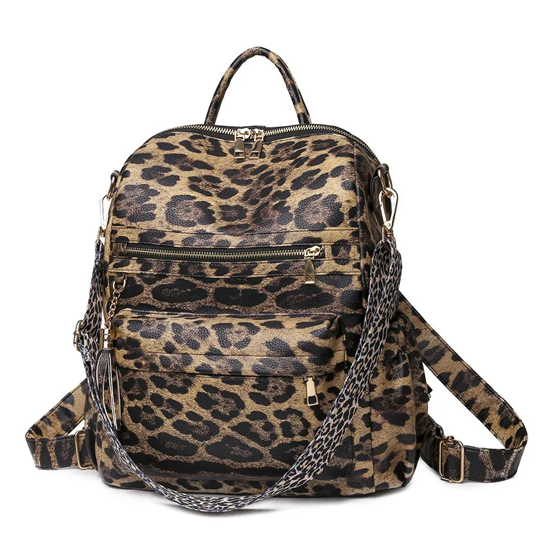 

Wholesale Lady Fashionable Solid Large Capacity Students School Bags PU Women Multifunction Leopard Leather Backpacks, As pictures