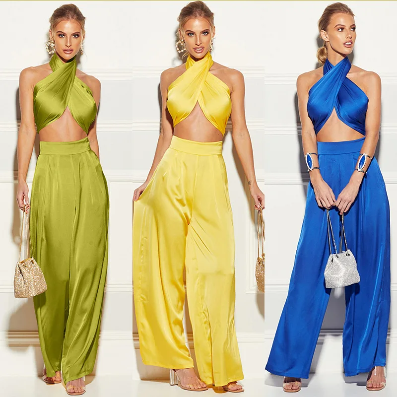 

European And American Fashion Clothes 2 PCS Sets Strap Crop Tank Tops Wide Leg Pants Elegant Women Two-Piece Suit
