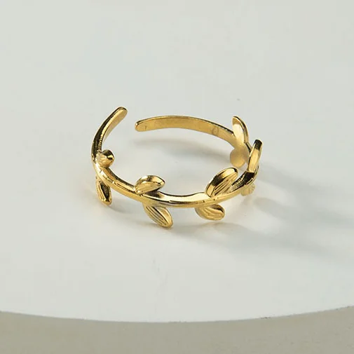 

European Hot 18K Gold Plated 316L Titanium Steel Olive Leaf Rings Stainless Steel Geometric Ivy Leaves Open Rings