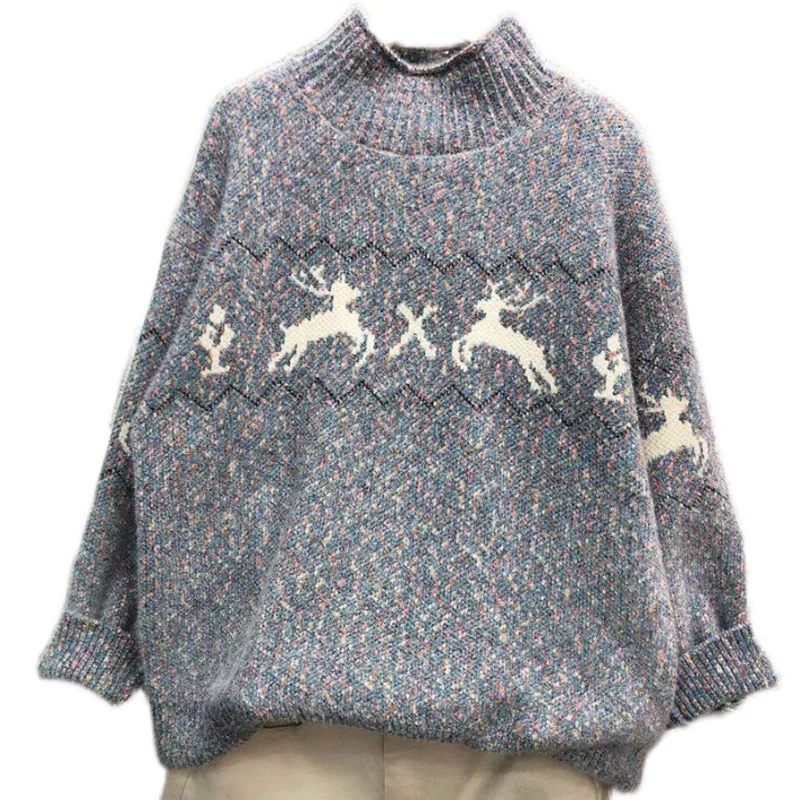 

Best Sell High Quality Autumn Winter Fashion and With Deer Pattern Loose fit Recycled Yarn turtle neck Women Sweater