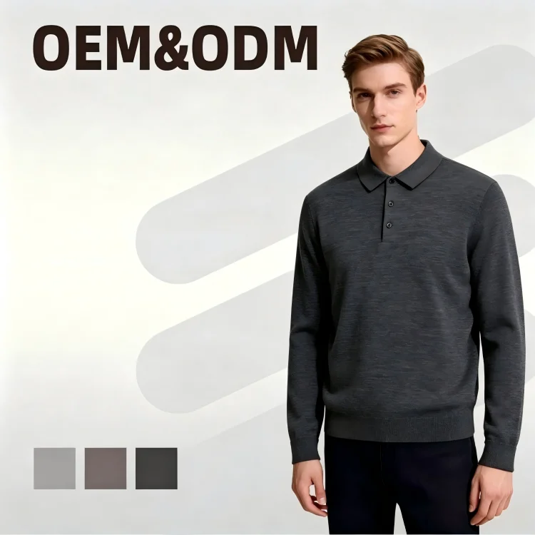 Custom Labels Wholesale Autumn Winter Mens Long Sleeve 100% Merino Wool Polo Collar Sweater
