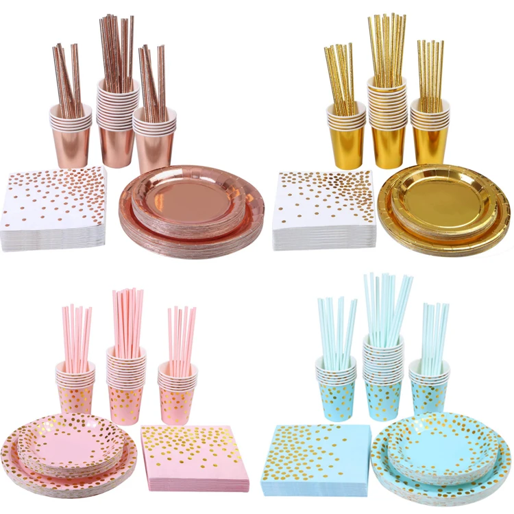 
125 pieces biodegradable rose gold paper cup tray straw napkin birthday party wedding supplies disposable paper tableware set 