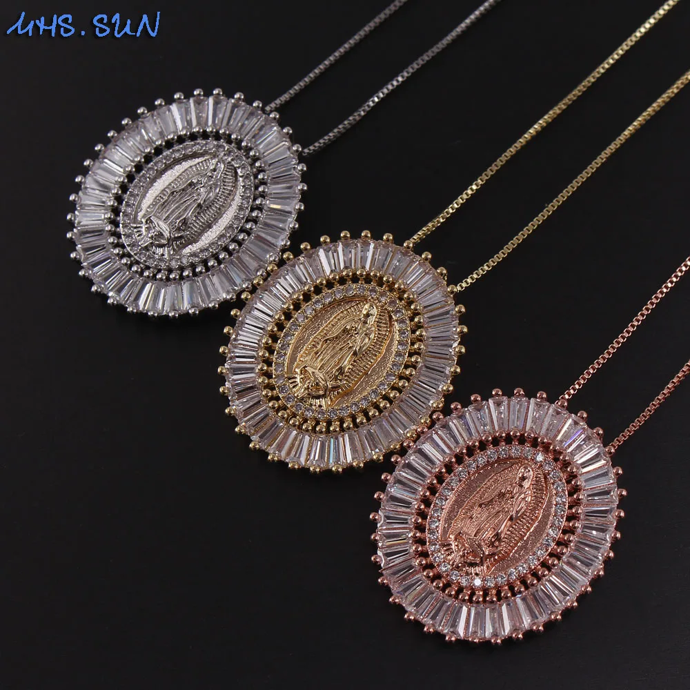 

MHS.SUN Fashion Virgin Mary Pendant Necklace Cubic Zirconia Jewelry Oval Religion Chain Chokers 18K Gold Plated Copper Jewelry, Gold/silver/rose gold