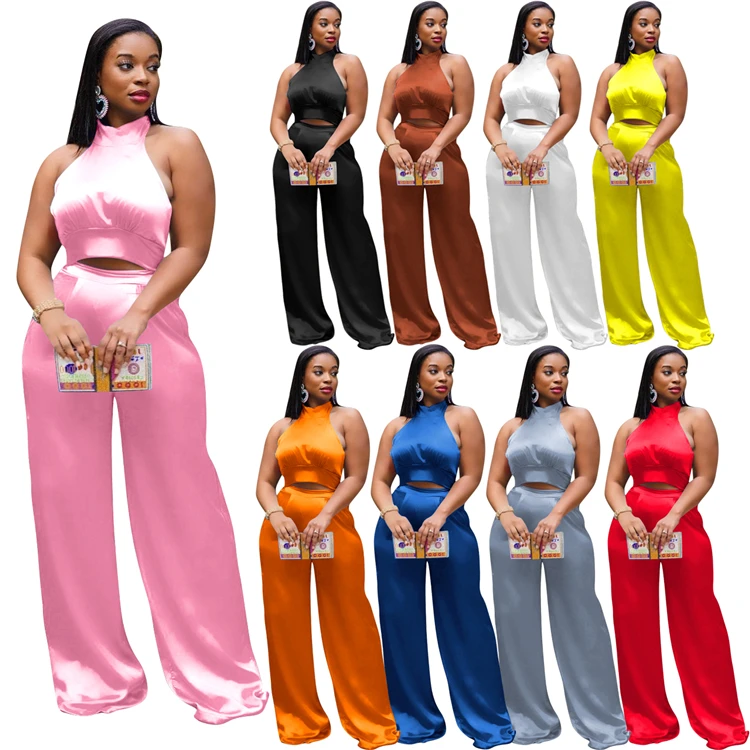 

2021 Summer Ladies Suit Sleeveless Backless Wide Leg Office Women Two Piece Pants Set