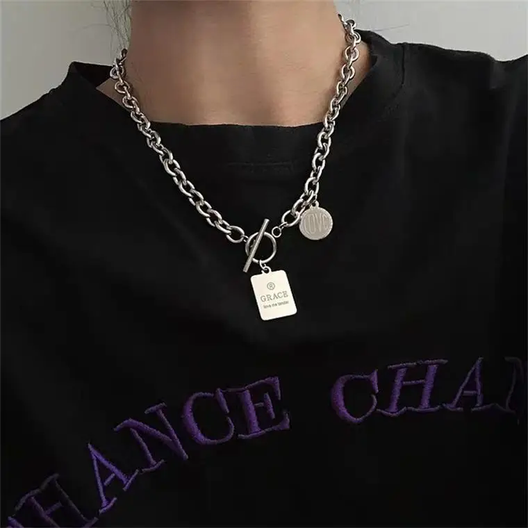 

Stainless Steel Rectangle Pendant OT Buckle Chain Hip Hop Bear Pendant Necklace for Men and Women, Gold